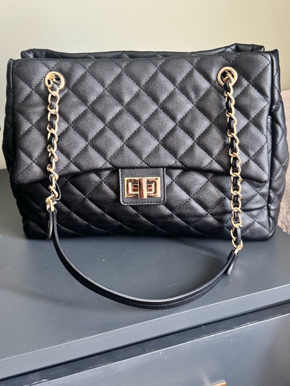 Ello Black diamond Quilted “Shirley”Shoulder Bag Vegan caviar texture Leather - Picture 3 of 16